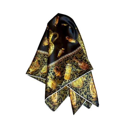 Vintage Black Baroque Square Scarf with Egyptian Urns and Vessels - Picture 2 of 8